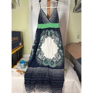 Boho Navy White Striped Paisley Medallion Smocked Maxi Dress Green Accent Large